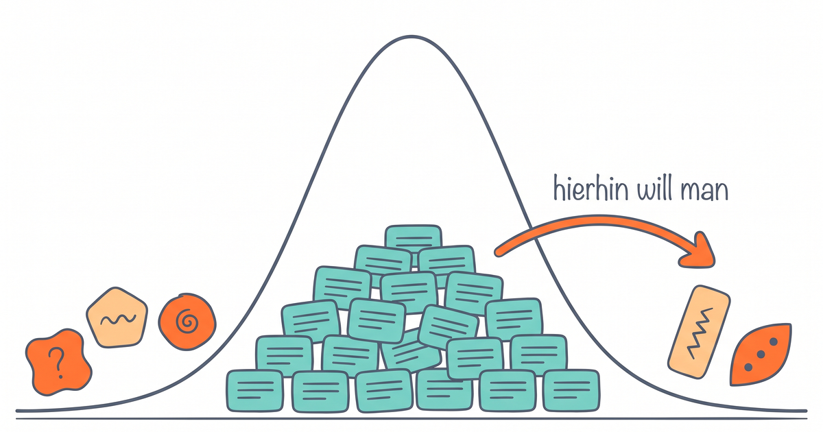 Schematische Verteilungskurve. Unter dem hohen mittleren Bereich stapeln sich viele identisch aussehende, austauschbare Fragekarten. An den flachen Rändern liegen nur wenige Karten, jede davon einzeln und unterschiedlich geformt. Ein Pfeil zeigt vom Zentrum nach außen und ist mit 'hierhin will man' beschriftet.