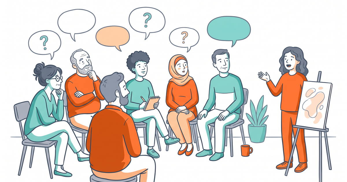 Illustration: Eine Jury sitzt im Halbkreis vor einer Staffelei, eine junge Frau stellt ihre Arbeit vor, über den Köpfen schweben leere Sprechblasen und Fragezeichen