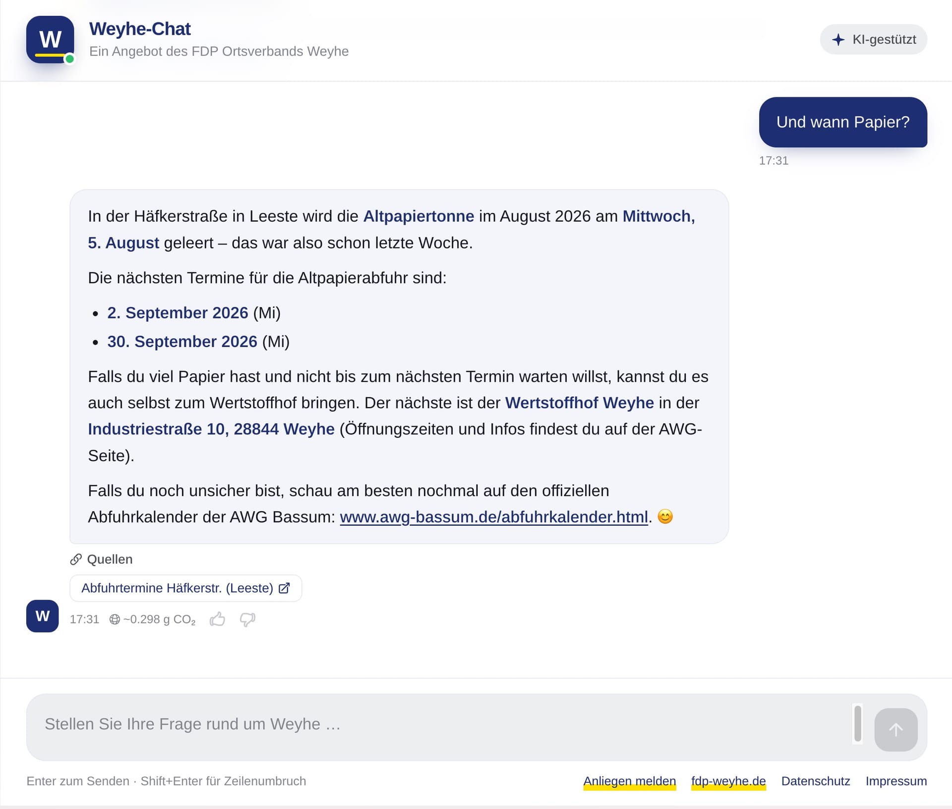 Konversation mit dem Chatbot über die Abholung von Papier (auch in der Häfkerstrasse)