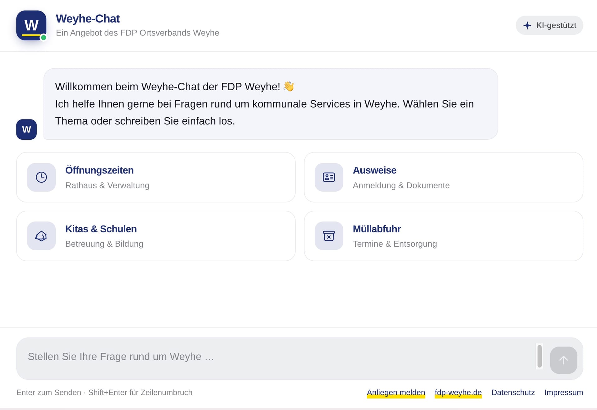 Wyhe Chatbot - Startscreen